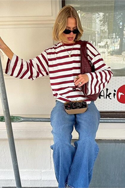 Ekru Çizgili Uzun Kollu Kadın T-shirt MG2571
