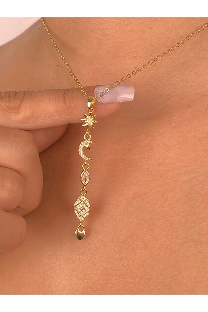 Minimal Güneş Hilal Ay Çelik Y Kolye Gold Kaplama Kararmaz Hediyelik Günlük Moda Trend
