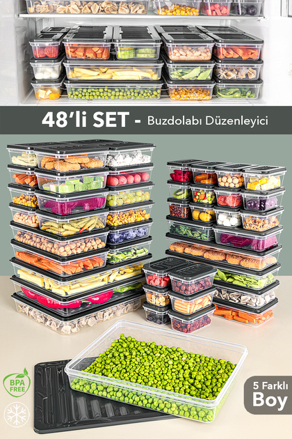 48-Piece Refrigerator Organizer Set - Microwave-Safe Organizer Freezer Storage Container Anthracite