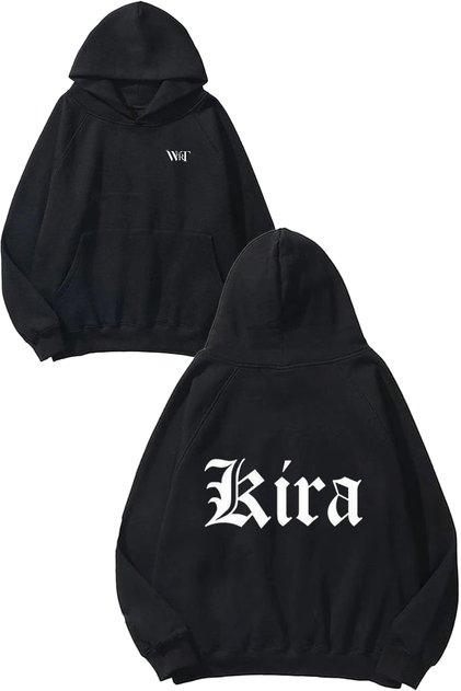 سويت شيرت أسود بقلنسوة مطبوع عليه تصميم Death Note Kira Font
