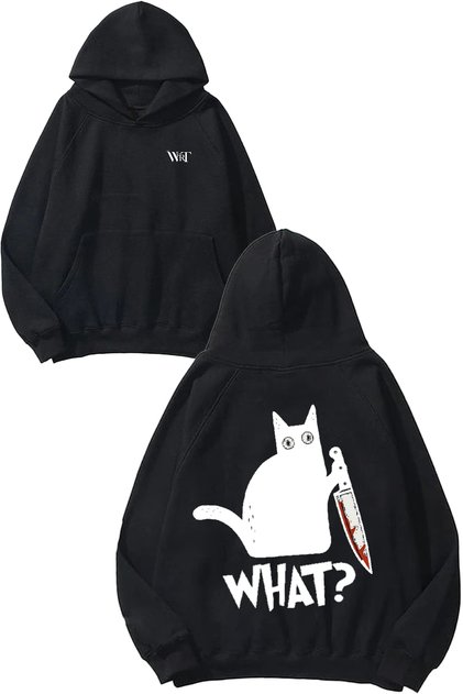 سترة بقلنسوة سوداء مطبوعة بتصميم What Cat