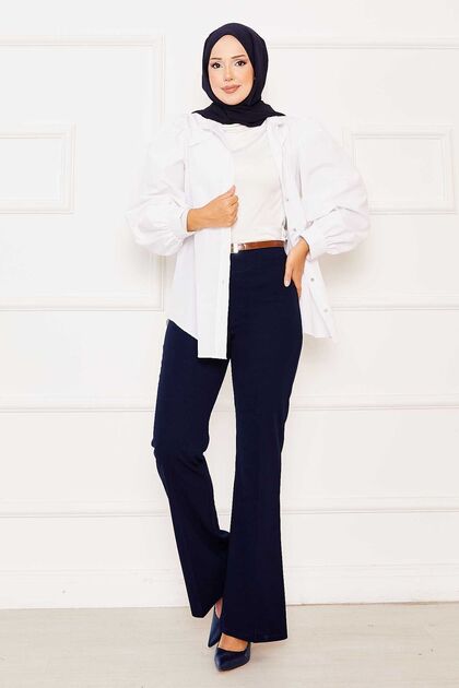 Elastic Waist Flared Pants Navy Blue