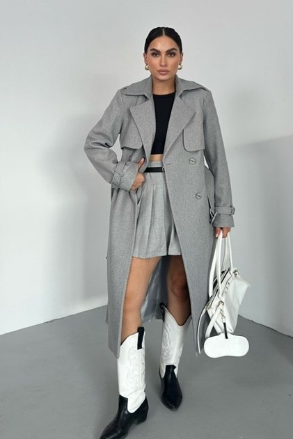 Women's Coat Long Cashmere Belted Buttoned Pocketed Double Breasted Premium Coat