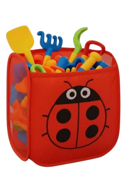 Ladybug Patterned Red Mesh Foldable Toy-Washing Basket Children's Room Organizer
