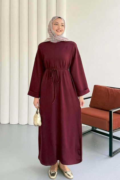 Crew Neck Waist Tied Long Tunic Dress 8904 - Burgundy