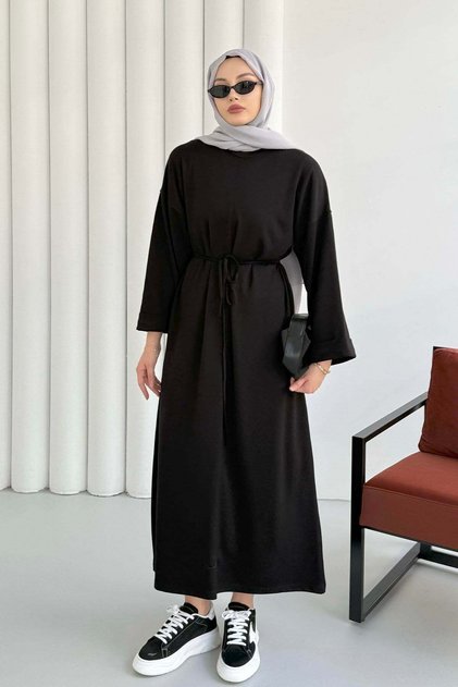 Rochie lungă tunica cu decolteu cu șireturi în talie 8904 - Negru