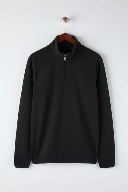 Black Regular/Normal Fit Stand Collar Zippered Seam Detail Fleece Sweatshirt Tmnaw26Sw00036
