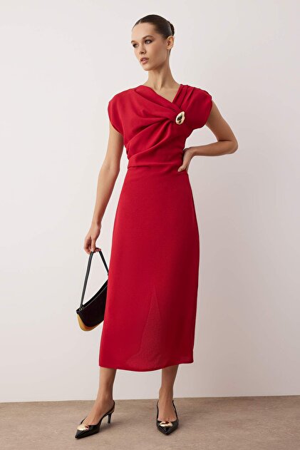 Trendyol Collection Red Straight Midi Woven Dress with Accessories Detail  Twoaw26El00235- Trendyol
