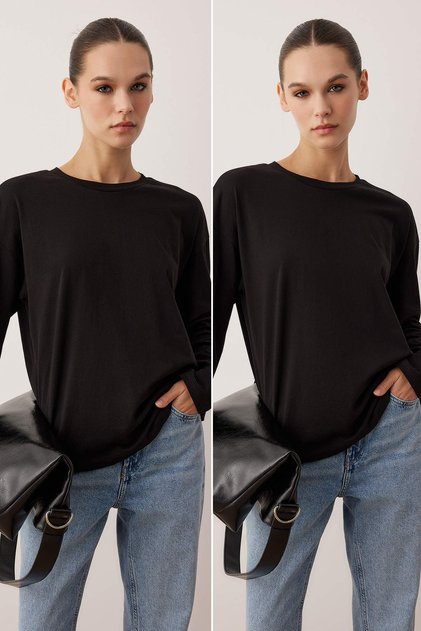 Siyah-Siyah 2'li Paket %100 Süprem Oversize/Geniş Kesim Örme T-Shirt TWOAW25TS00004