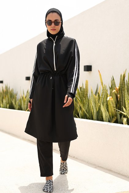 Hayaa+ Black with White Stripes Knee Length Full Coverage Muslim Burkini Swimwear