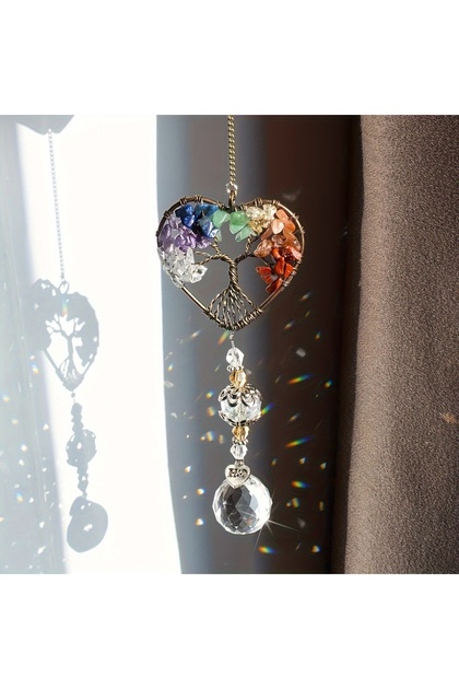 B 1pc Rainbow Crystal Sun Catcher, Tree Of Life Suncatchers Heart Shaped Hanging Ornament Chakra St.