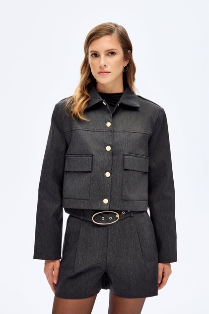 Apoletli Gold Buttoned Crop Jacket Anthracite
