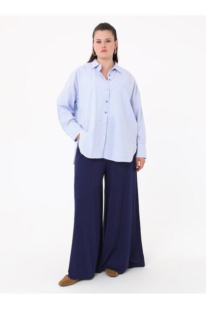 Viscose Fabric Comfortable Fit Plus Size Trousers - Navy Blue -