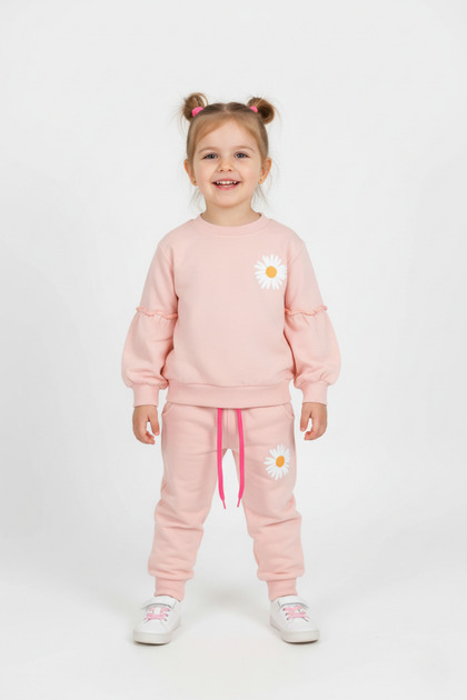Crew Neck Long Sleeve Cıcek Patterned Powder Color Girls' Tracksuit Set