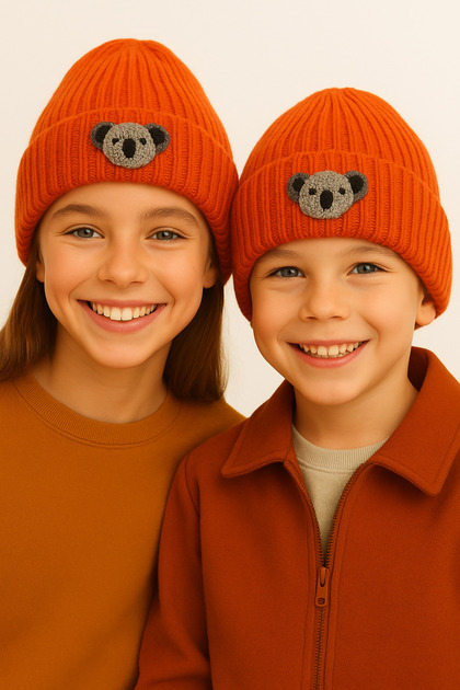 Orange Wool Children's Beanie with Koala Animal Figure and Punch Detail