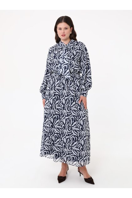 Scarf Collar Plus Size Geometric Pattern Chiffon Dress - Navy - White -