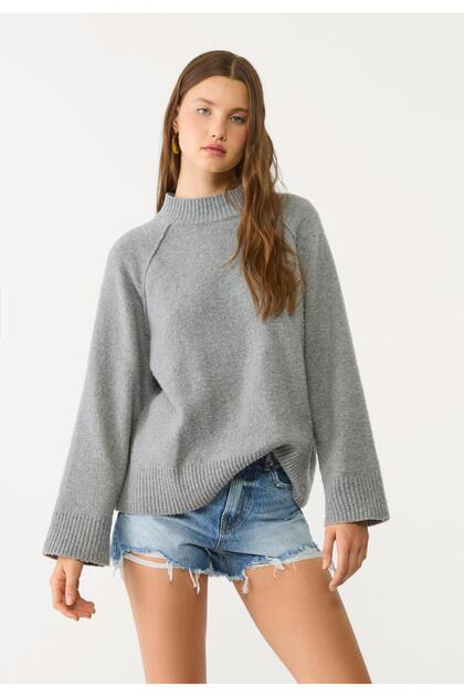 Women's Gray Basic Knit Sweater – Crew Neck, Long Sleeve, Regular Fit