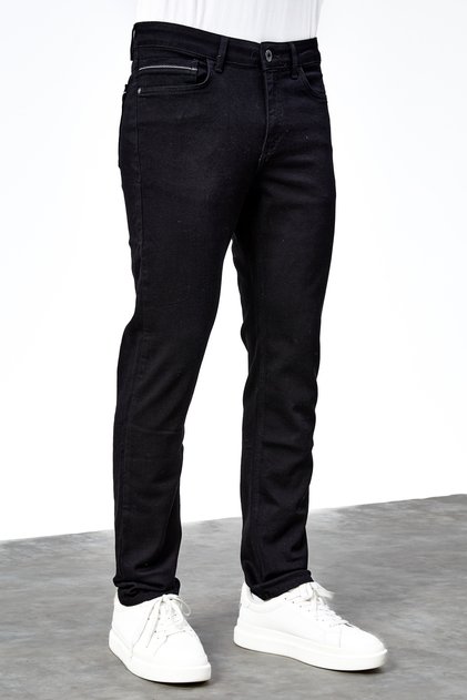 Men's Black Striped Regular Fit Lycra Cuffed Leg Comfortable Cut Jean Denim Trousers Hlthe001914
