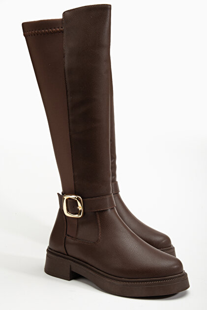 Women's Dark Brown Matte Leather Buckle Detail Back Stretch Boots