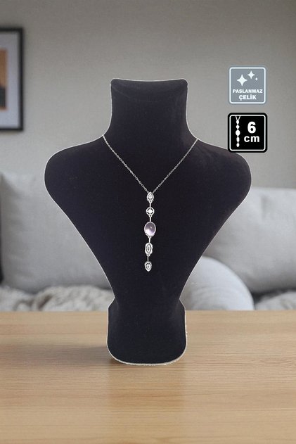 🌠 'Y' Model Stone Steel Necklace 🎨 Pink Silver
