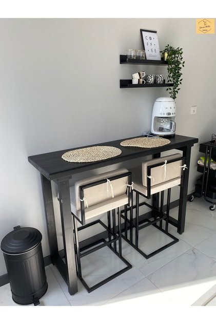 Siyah Masif Ahşap Bar Masası Bar Masa Yüksek Masa Kahve Köşesi