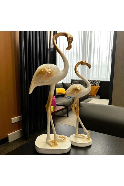 Dekoratif Polyester İkili Flamingo Set Gold-Krem Eskitme