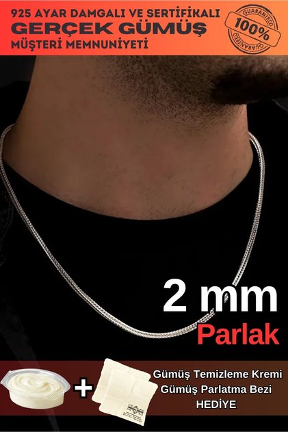 Erkek Gümüş Kolye - 2mm Beyaz Parlak Tilki Kuyruğu Zincir Gümüş Erkek Kolye