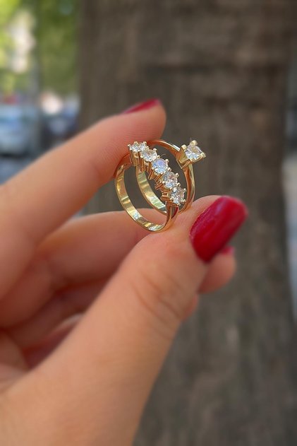Gümüş altın kaplama 3mm taşlı beş taş tek taş yüzük