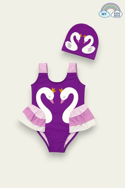 Elegant Swan Print Three Layers Ruffle Detailed Boned Girls' Swimsuit