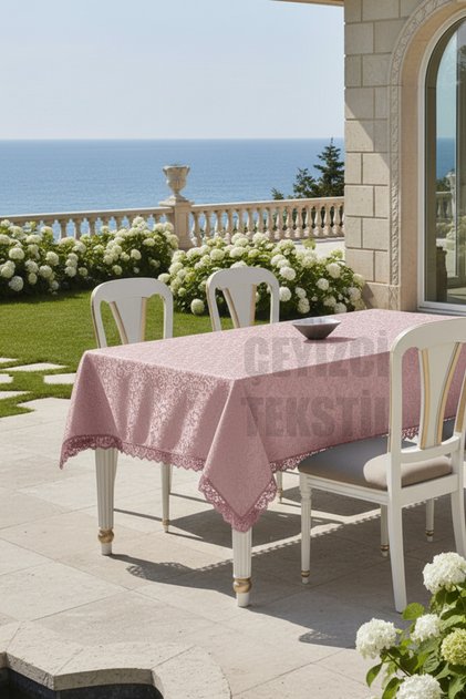 French Laced Stain Resistant Single Tablecloth 160x220cm - Powder Tablecloth