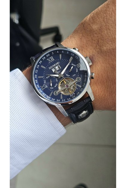 New rym-4120 automatic mechanism men's watch - steel case and leather strap - 2 years warranty ss-bl