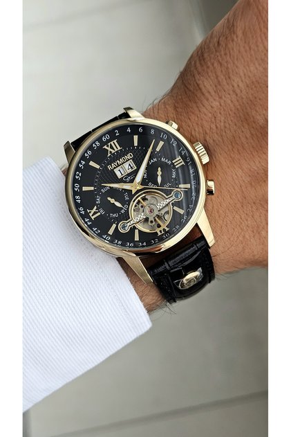 New Rym-4120 Automatic Mechanism Men's Wristwatch - Steel Case and Leather Strap - 2 Years Warranty Gold-Bk
