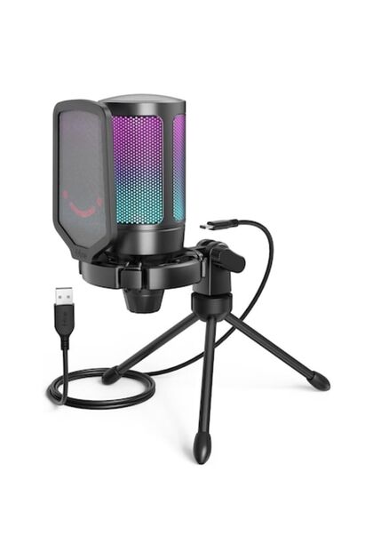Microfon condensator pentru gaming A6VB, cardioid, RGB, streaming, podcast, USB, dezactivare rapidă a sunetului, Pop Fil