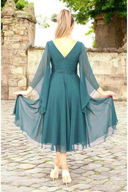 FaBe Fashion White Chiffon Midi Dress - With Long Flywheel Sleeves, Sweetheart Collar And Gathered Waist, For Wedding And Engagement Shoot- Trendyol FaBe Fashion White Chiffon Midi Dress - With Long Flywheel Sleeves, Sweetheart Collar And Gathered Waist, For Wedding And Engagement Shoot- Trendyol