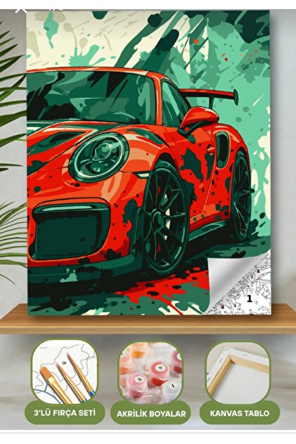 Sayılarla Boyama Seti 40x50 Cm (Çıtalı) Fırça Boya Dahil Numaralı Tuval Kırmızı Araba