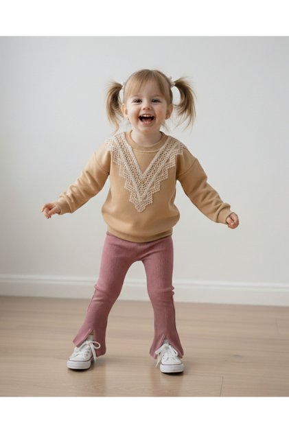 Seasonal Stylish Suit for Girls with Lace Collar, Slit Detail and Spanish Leggings for Ages 2-3-4-5-6