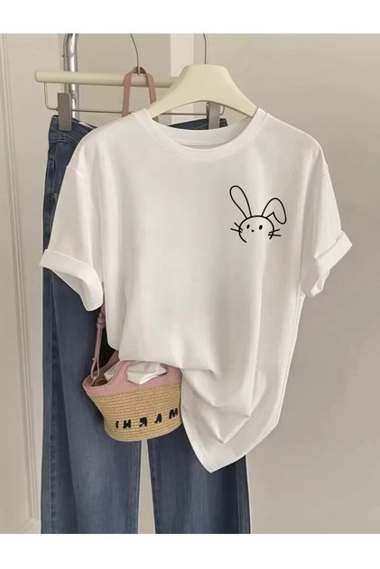 TAVŞAN BASKILI KADIN/ERKEK UNISEX OVERSİZE BİSİKLET YAKA TİŞÖRT