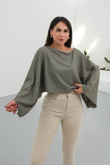 Women's Wide Collar Batwing Sleeve Detail Crop Green Blouse 13988