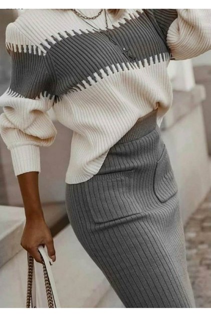 Women's Gray Sweater and Pocket Detailed Skirt Two-Piece Knitwear Set