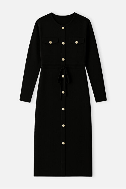 Touche Prive GOLD BUTTONED KNIT DRESS- Trendyol