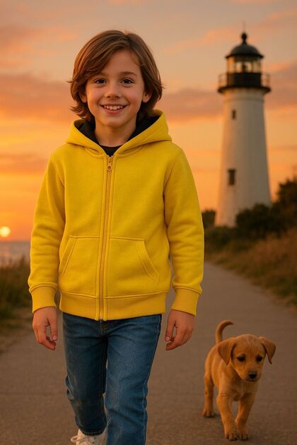 Hooded Children's Cardigan Yellow Kangru with Pockets Zippered and Lined Inside