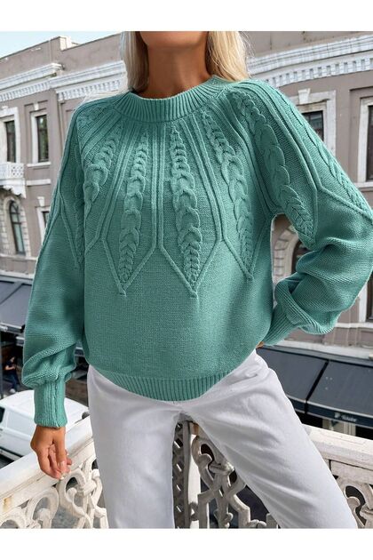 Braided Crew Neck Italian Sleeve Knitwear Sweater MINT