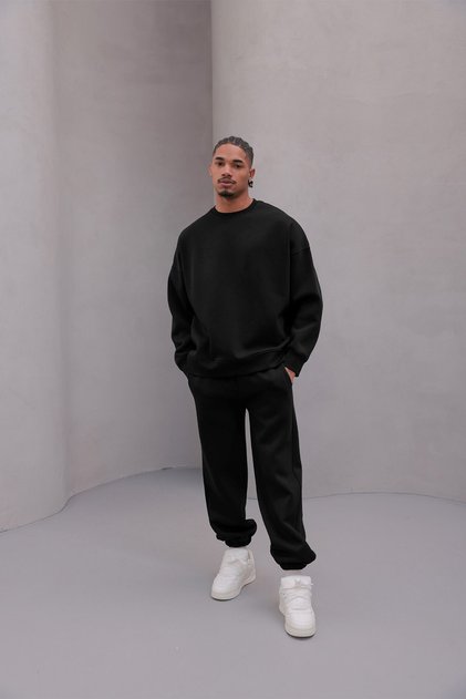 Men's Oversize Tracksuit Set Basic Black – Crew Neck, Elasticated Legs, 3 Thread Ribbed