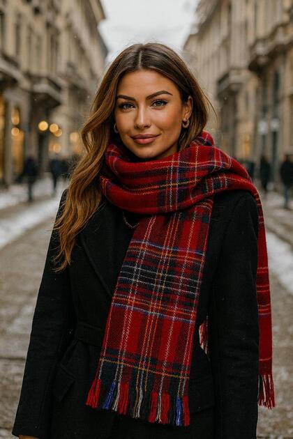 Red Line Patterned Women's Shawl