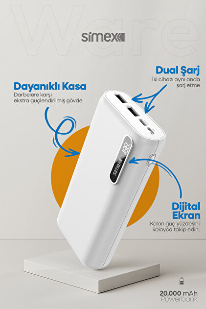 Simex Ware 20.000 mAh Dijital Ekranlı Powerbank - Dual Şarj, Type