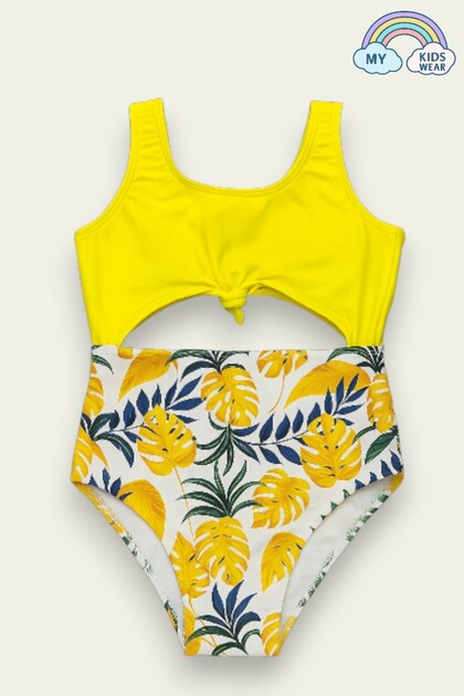 Girl's Back Detailed Front Tie Patterned Swimsuit