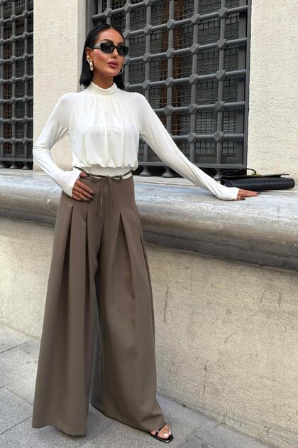 Waist tie detailed pleated loose pants 0084