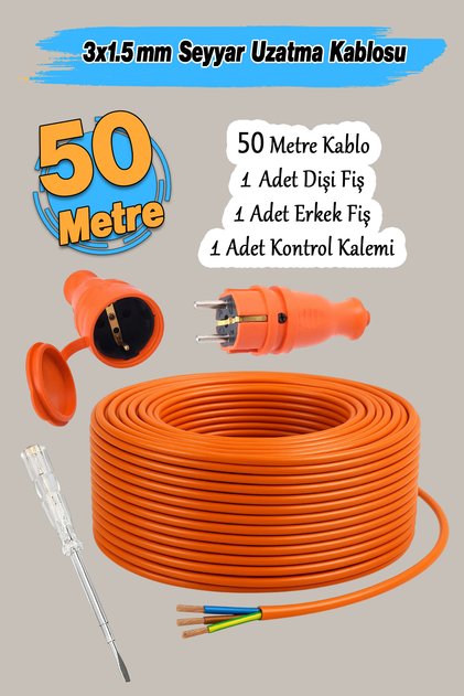 Seyyar (3x1.5 mm) 50 Metre Uzatma Kablosu TTR CCA Telli Elektrik Kablo Kontrol Kalem Dişi Erkek Fiş