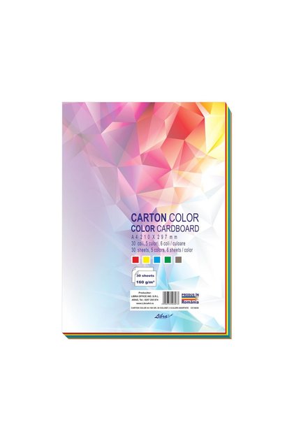Carton colorat MIX A4 160g, set 30 coli, 5 culori x 6 coli