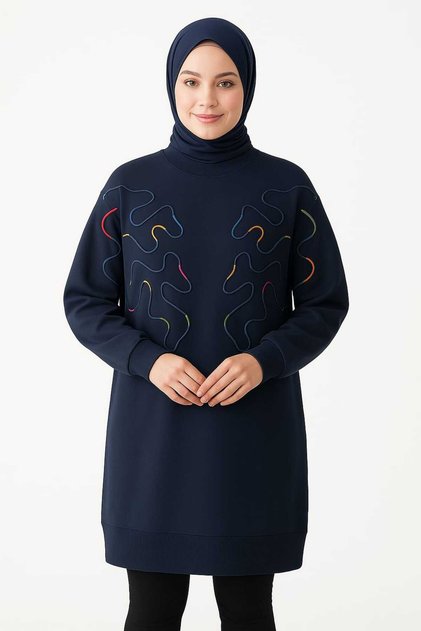 Women's Navy Blue Colorful Embroidery Detailed Hijab Sweat Tunic - Comfortable Oversize Fit